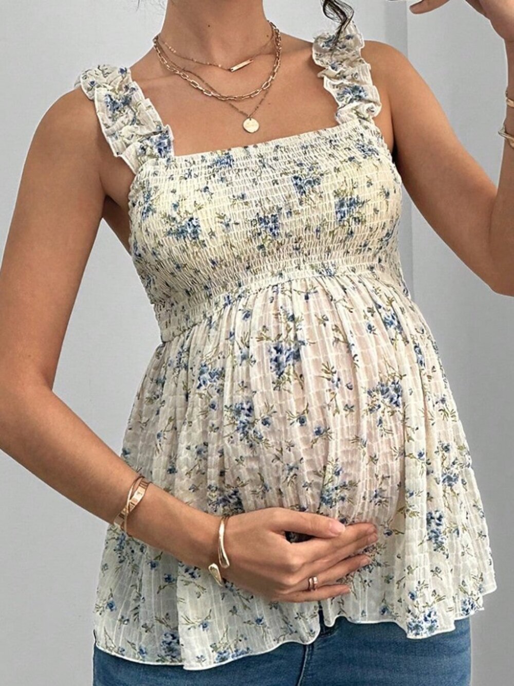 Boho Blue And White Maternity Frill Trim Women's Camisole